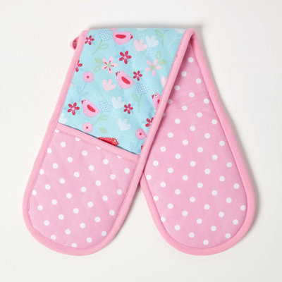 Homescapes Birds and Flowers Pink Cotton Double Oven Glove | DIY at B&Q