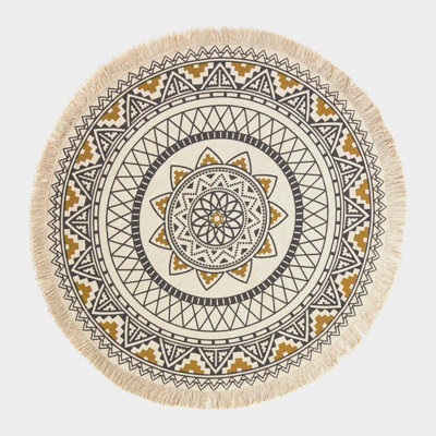 Homescapes Black & Gold 100% Cotton Mandala Printed Round Rug