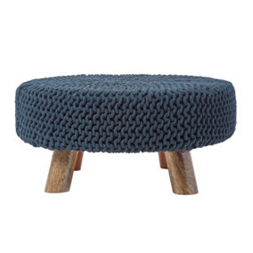 Homescapes Black Large Round Cotton Knitted Footstool on Legs
