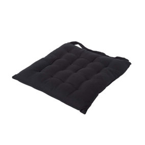 Homescapes Black Plain Seat Pad with Button Straps 100% Cotton 40 x 40 cm