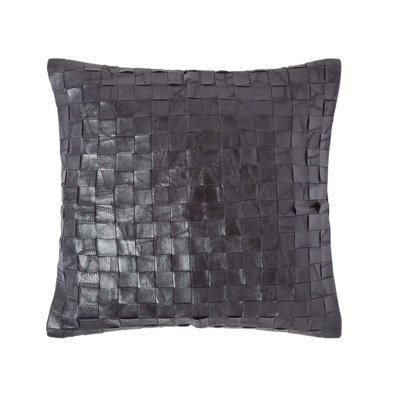 Homescapes Black Real Leather Basketweave Check Suede Cushion with Feather Filling