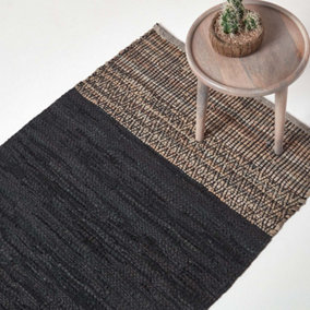 Homescapes Black Recycled Leather Handwoven Herringbone Rug, 120 x 180 cm