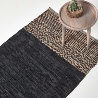 Homescapes Black Recycled Leather Handwoven Herringbone Rug, 150 x 240 cm