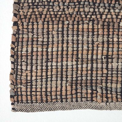 Homescapes Black Recycled Leather Handwoven Herringbone Rug, 150 x 240 cm