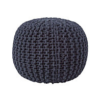 Homescapes Black Round Cotton Knitted Pouffe Footstool