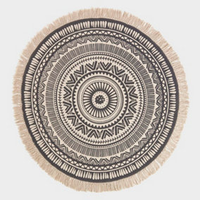 Homescapes Black & White 100% Cotton Mandala Printed Round Rug
