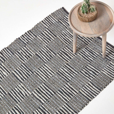 Homescapes Black & White Real Leather Handwoven Striped Block Check Rug