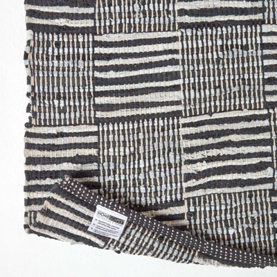 Homescapes Black & White Real Leather Handwoven Striped Block Check Rug ...