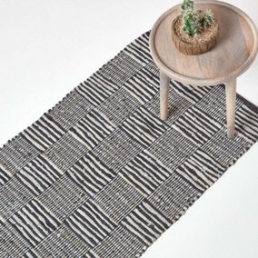 Homescapes Black & White Real Leather Handwoven Striped Block Check Rug, 66 x 200 cm