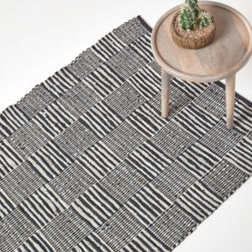 Homescapes Black & White Real Leather Handwoven Striped Block Check Rug, 90 x 150 cm