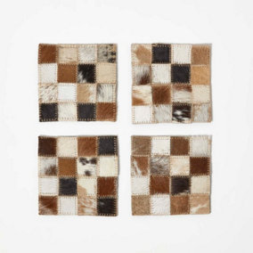Homescapes Block Check Brown Leather Coasters Set of 4