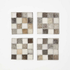 Homescapes Block Check Grey Leather Coasters Set of 4