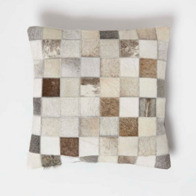 Homescapes Block Check Grey Leather Cushion 45 x 45 cm