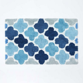 Homescapes Blue and Grey Pattern Cotton Bath Mat