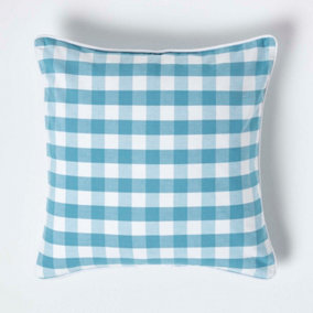 Homescapes Blue Block Check Cotton Gingham Cushion Cover, 45 x 45 cm
