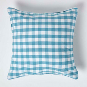 Homescapes Blue Block Check Cotton Gingham Cushion Cover, 60 x 60 cm