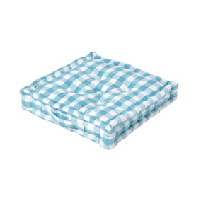 Homescapes Blue Block Check Cotton Gingham Floor Cushion, 50 x 50 cm