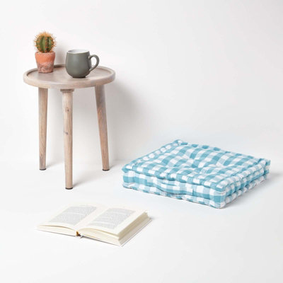Homescapes Blue Block Check Cotton Gingham Floor Cushion, 50 x 50 cm