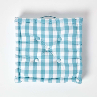 Homescapes Blue Block Check Cotton Gingham Floor Cushion, 50 x 50 cm