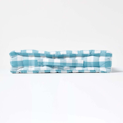 Homescapes Blue Block Check Cotton Gingham Floor Cushion, 50 x 50 cm