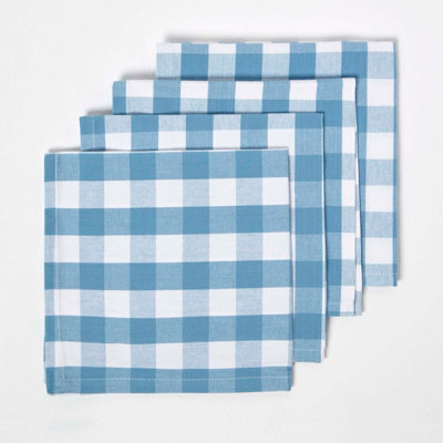 Homescapes Blue Block Check Cotton Gingham Napkins, Set of 4