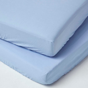 Homescapes Blue Cotton Fitted Cot Sheets 200 Thread Count, 2 Pack