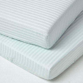 Homescapes Blue Cotton Stripe Cot Bed Fitted Sheets 330 Thread Count, 2 Pack