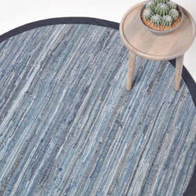 Homescapes Blue Denim Handwoven Striped Chindi Large Round Rug