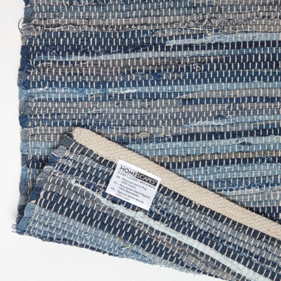 Homescapes Blue Denim Handwoven Striped Chindi Rug, 90 x 150 cm
