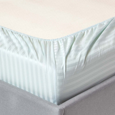 Homescapes Blue Egyptian Cotton Satin Stripe Fitted Sheet 330 TC, Super King