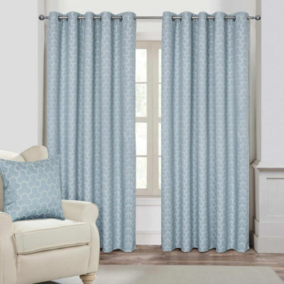 Homescapes Blue Geometric Jacquard Blackout Eyelet Curtain Pair, 66 x 54"