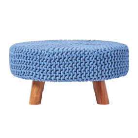 Homescapes Blue Large Round Cotton Knitted Footstool on Legs