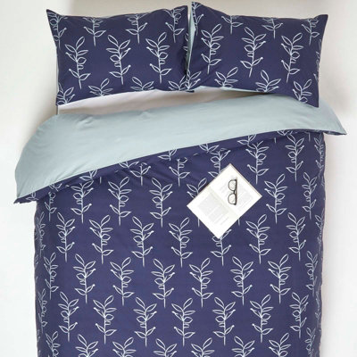 Homescapes Blue Leaf Digitally Printed Cotton Duvet Cover Set, King