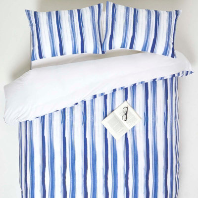 Homescapes Blue Stripe Digitally Printed Cotton Duvet Cover Set, King