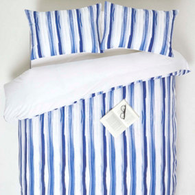 Homescapes Blue Stripe Digitally Printed Cotton Duvet Cover Set, King