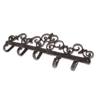 Homescapes Brown Cast Iron Coat Hooks with Decorative Swirl Design