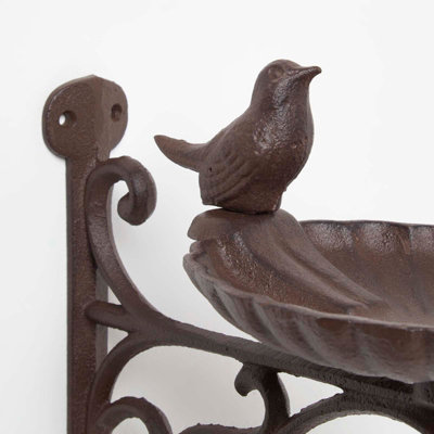 Homescapes Brown Decorative Bird Bath with Wall Bracket Cast Iron