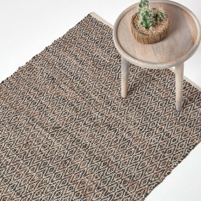 Homescapes Brown Real Leather Handwoven Diamond Pattern Rug, 120 x 180 cm