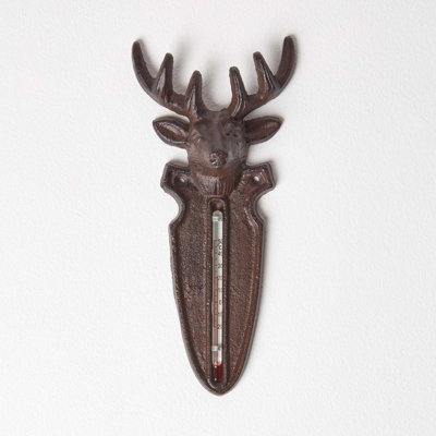 Homescapes Brown Wall Mounted Cast Iron Stag Garden Thermometer