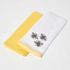 Homescapes "Bumble-Bee" Waffle Cotton Tea Towels, Set of 2