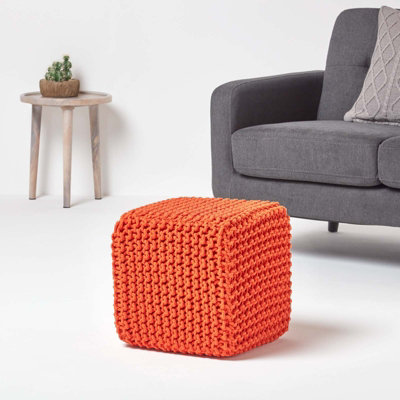 Homescapes Burnt Orange Cube Cotton Knitted Pouffe Footstool DIY