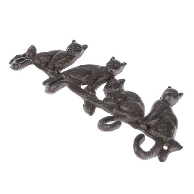 Homescapes Cat Tail Cast Iron Coat Hook Hanger with Cats on a Branch Design