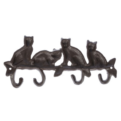 Homescapes Cat Tail Cast Iron Coat Hook Hanger with Cats on a Branch Design