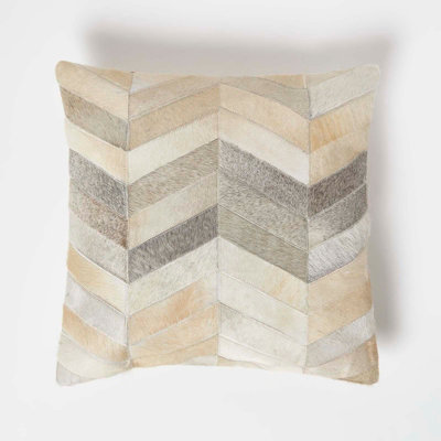 Homescapes Chevron Cream & Grey Leather Cushion 45 x 45 cm