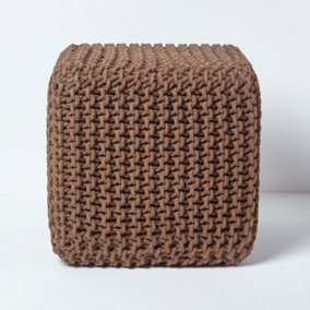 Homescapes Chocolate Brown Cube Cotton Knitted Pouffe Footstool