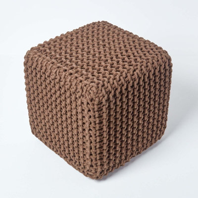 Homescapes Chocolate Brown Cube Cotton Knitted Pouffe Footstool