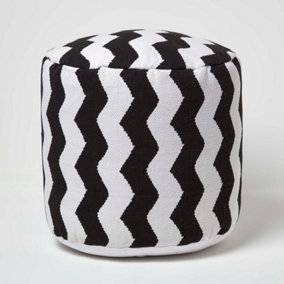 Homescapes Circular Cube Bean Footstool with Black and White Chevron Pattern