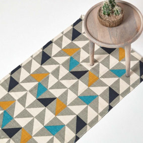 Homescapes Copenhagen Blue, Yellow and Grey 100% Cotton Geometric Style Scandi Printed Rug, 66 x 200 cm