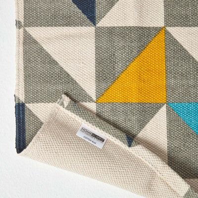 Homescapes Copenhagen Blue, Yellow and Grey 100% Cotton Geometric Style ...