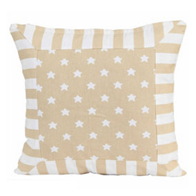 Homescapes Cotton Beige Stripe Border and Stars Cushion Cover, 45 x 45 cm